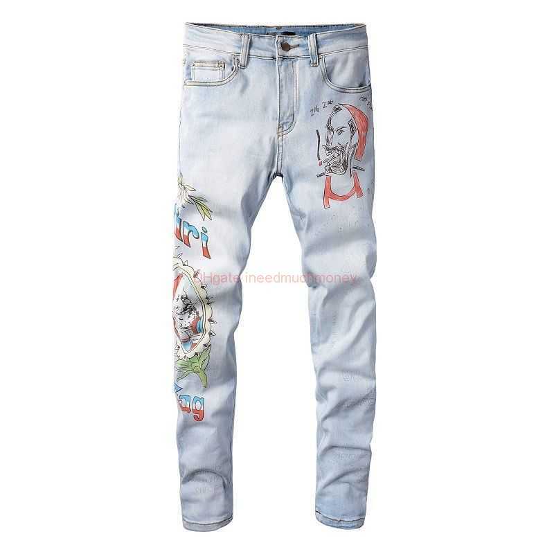 

Designer Clothing Amires Jeans Denim Pants Amies 863 Light Color Washed Distressed Personalized Character Printing Trend Versatile Slim Fit Small Foot High Street, Light blue