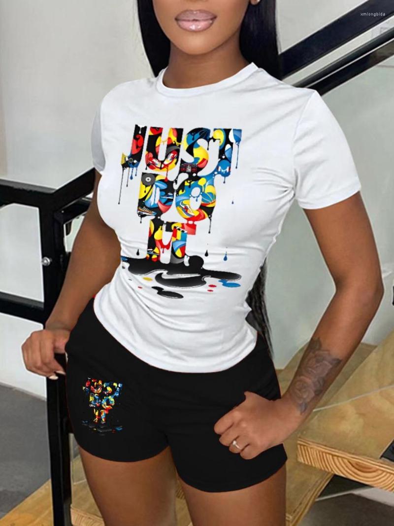 

Women' Tracksuits LW Multicolor Two Pieces Shorts Suits Letter Print Crew Neck Short Sleeve Top&Black Skinny Casual Women Summer 2pcs, Red