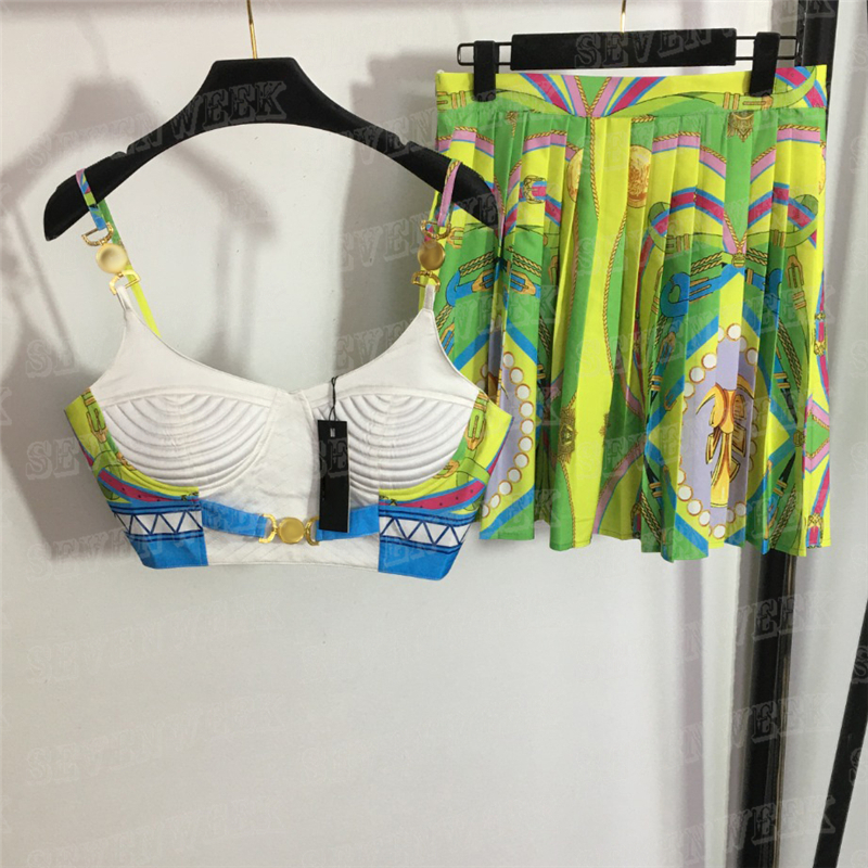 

Luxury Women Sling Vest Dress Fashion Suits Vintage Print Lady High waist Pleated Short Skirts Sexy Tank Top Sets, Black