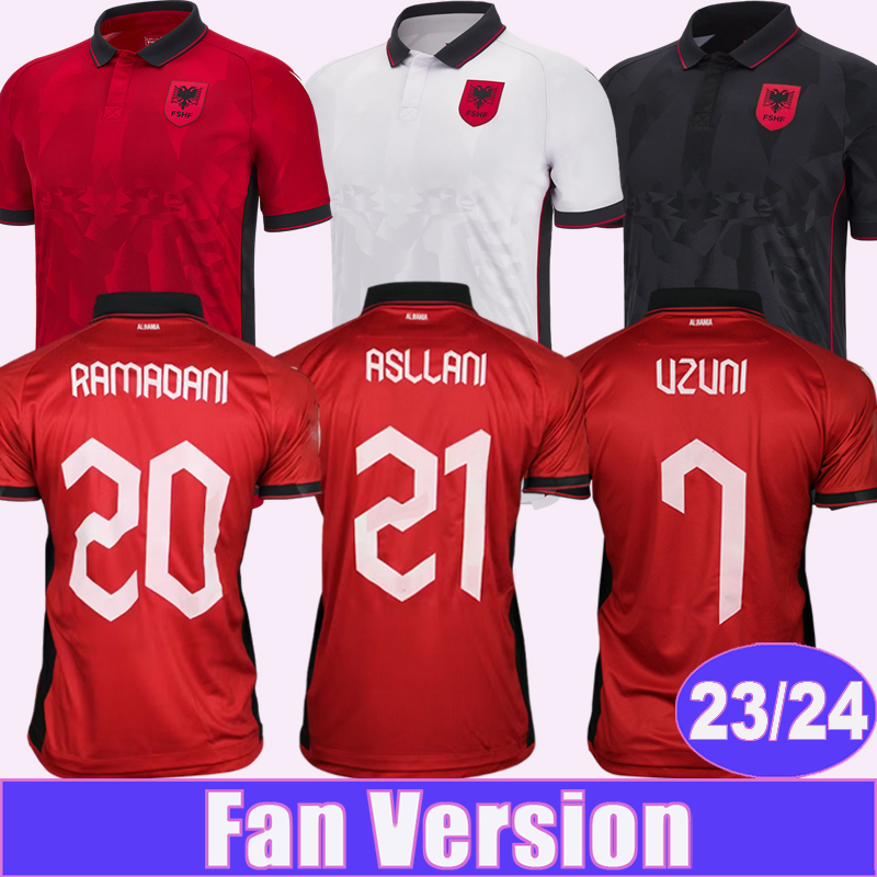 

23 24 Albania National Team UZUNI Mens Soccer Jerseys HYSAJ LENJANI ABRASHI RAMADANI Home Red Away White 3rd Black Football Shirts, Qm13654 23 24 away no patch