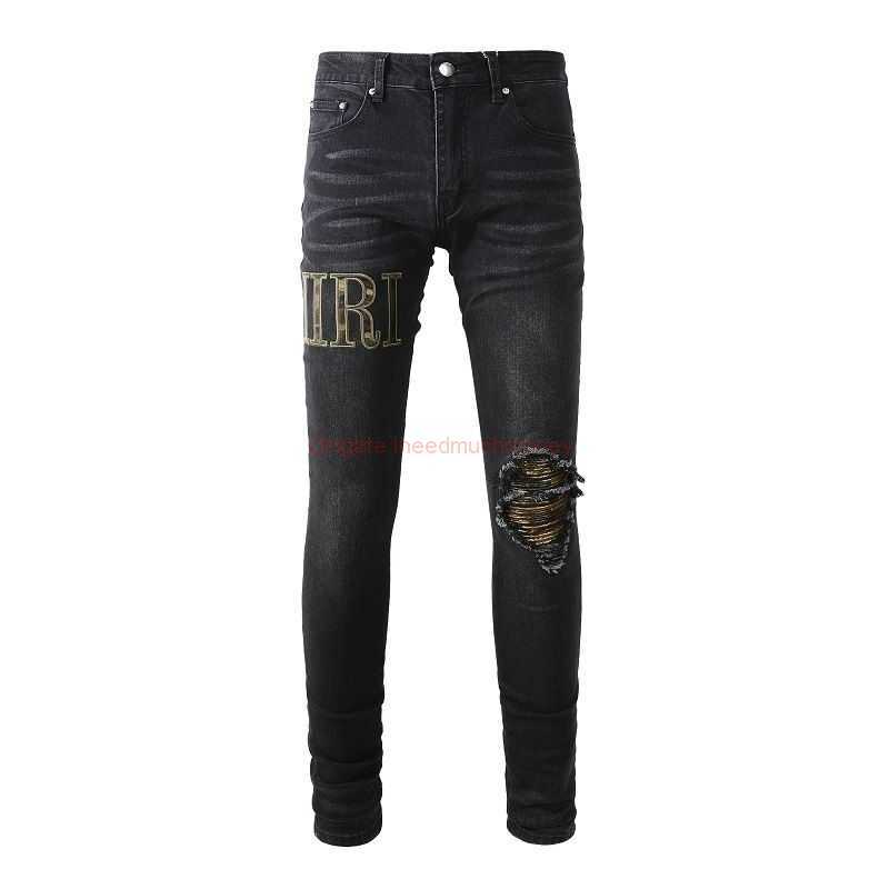 

Designer Clothing Amires Jeans Denim Pants 872 High Street Fashion Brand Amies Black Camouflage Big Letter Elastic Broken Trendy Slim Straight Small Feet Jeans Male