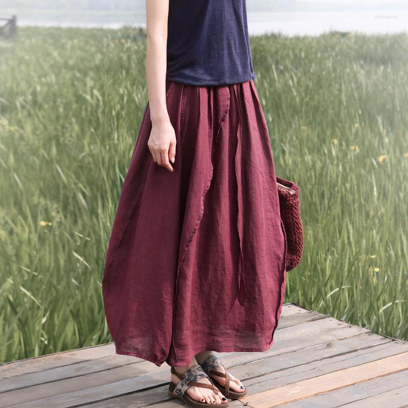 

Skirts 2023 Autumn Arts Style Women Elastic Waist Loose Long Skirt All-matched Casual Cotton Linen Vintage Solid A-line C461, Red