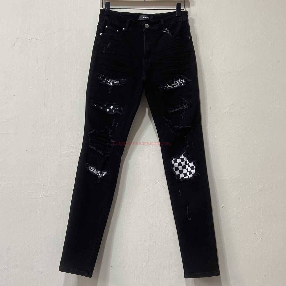 

Designer Clothing Amires Jeans Denim Pants Amies High Street Black Hole Checkerboard Slim Fit Stretch Leg Jeans Male Youth Street Personality Pants Distressed Ripp