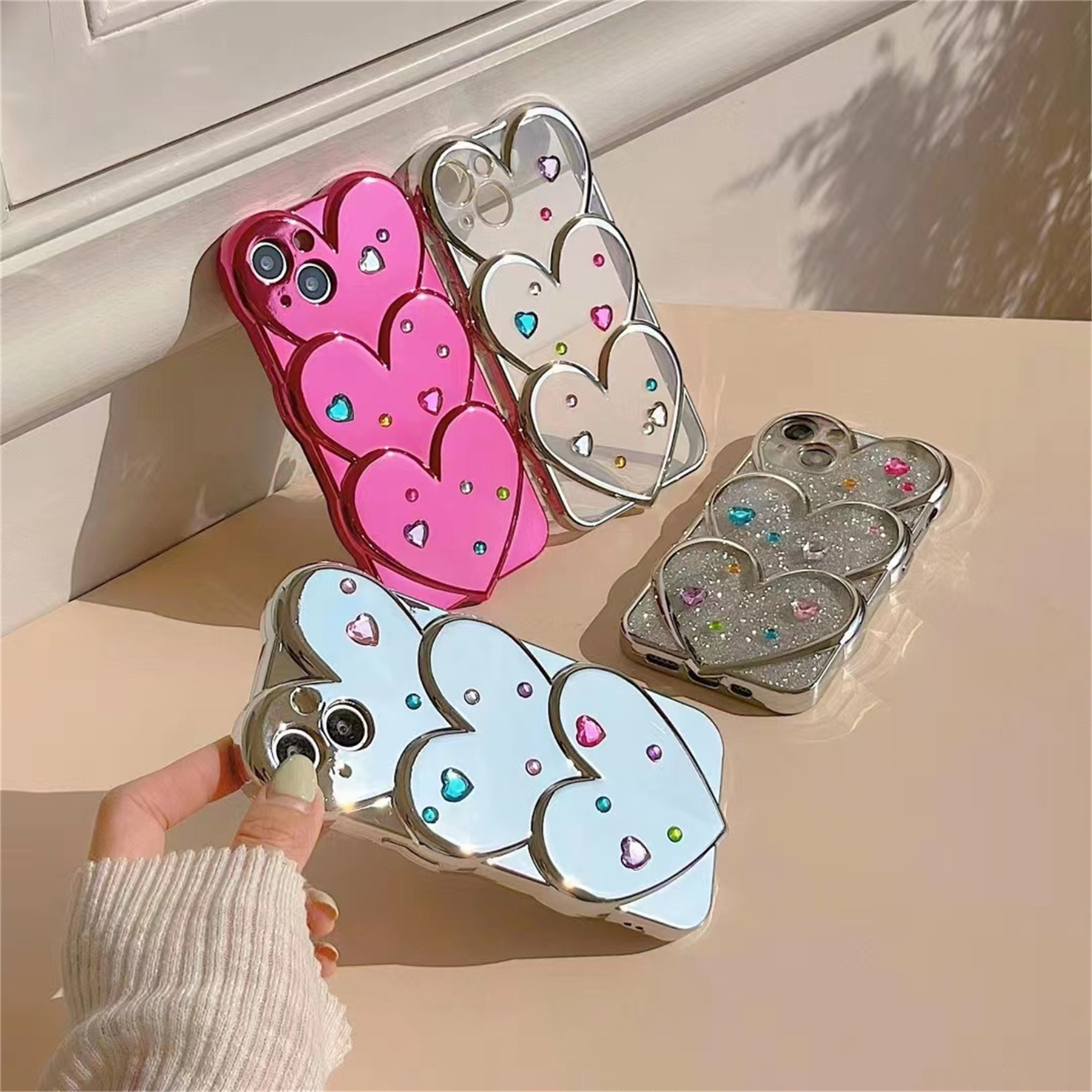 

Cute Korean DIY Rhinestone Sticker Electroplate Glitter Love Heart Case For iPhone 14 13 12 11 Pro Max Shockproof Cover Funda