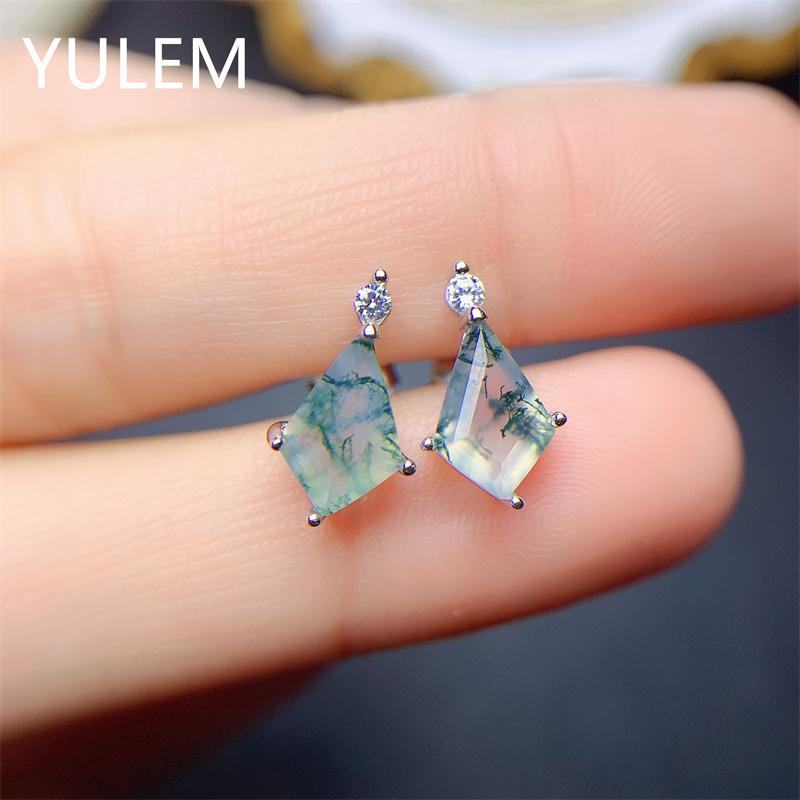 

Stud Vintage Natural Moss Green Agate Earrings For Women Gemstone Earring 925 Sterling Silver K Gold Plated Jewelry 6*9mm