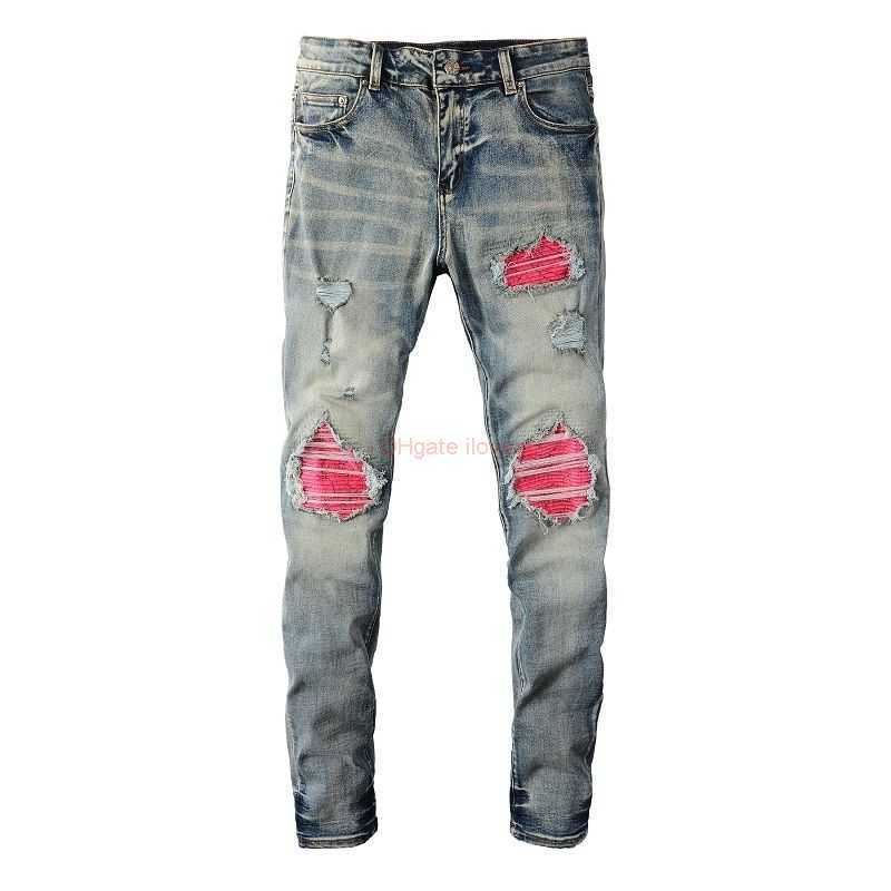 

Designer Clothing Amires Jeans Denim Pants Amies Fashionable High Street 6806 Light Blue Pink Contrast Colorful Broken Hole Patch Elastic Slim Fit Small Foot Jeans f