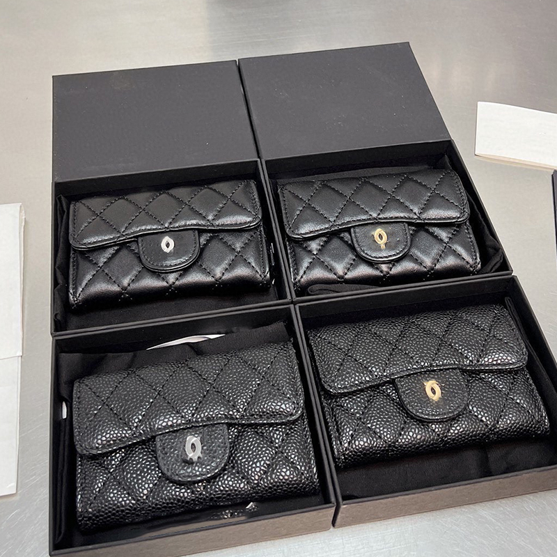 

Cc CF Purse Classics Caviar Wallets Credit Card Slot Mini Fashion Holders Women Plain Short Square Standard Coin Pocket, Black-lambskin-silver hardware