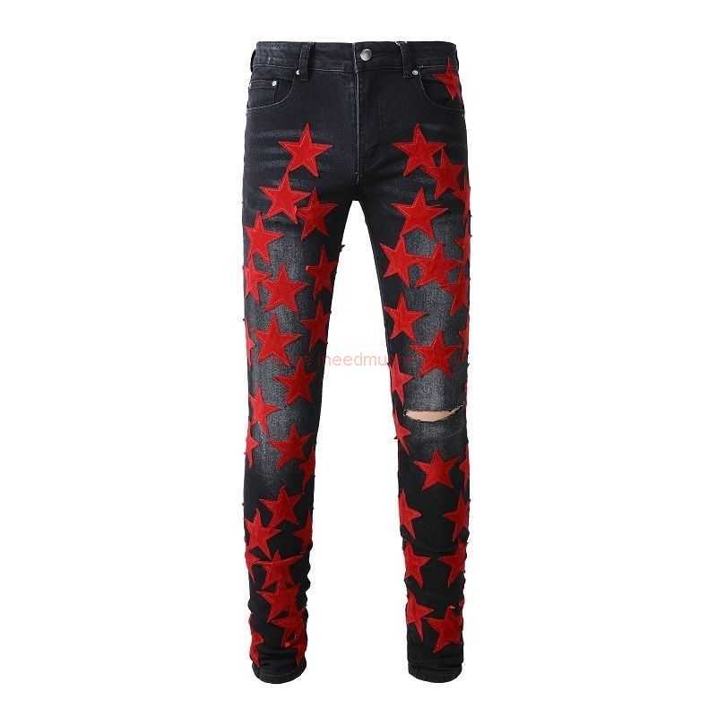 

Designer Clothing Amires Jeans Denim Pants Amies High Street Fashion Brand 885 Black Flannelette Star Patch Hole Trend Slim Straight Leg Jeans Men Fashion Distresse
