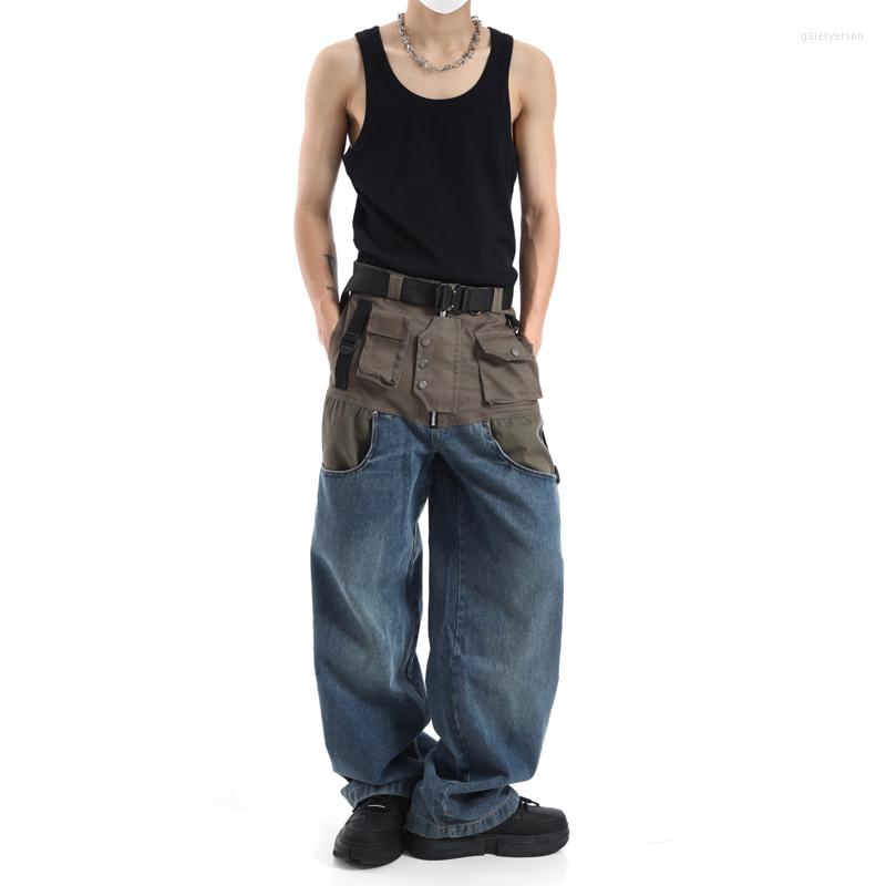 

Men' Jeans Men' Vintage Denim Patchwork Loose Wide Leg Cargo Pants Buckle Decor, Blue