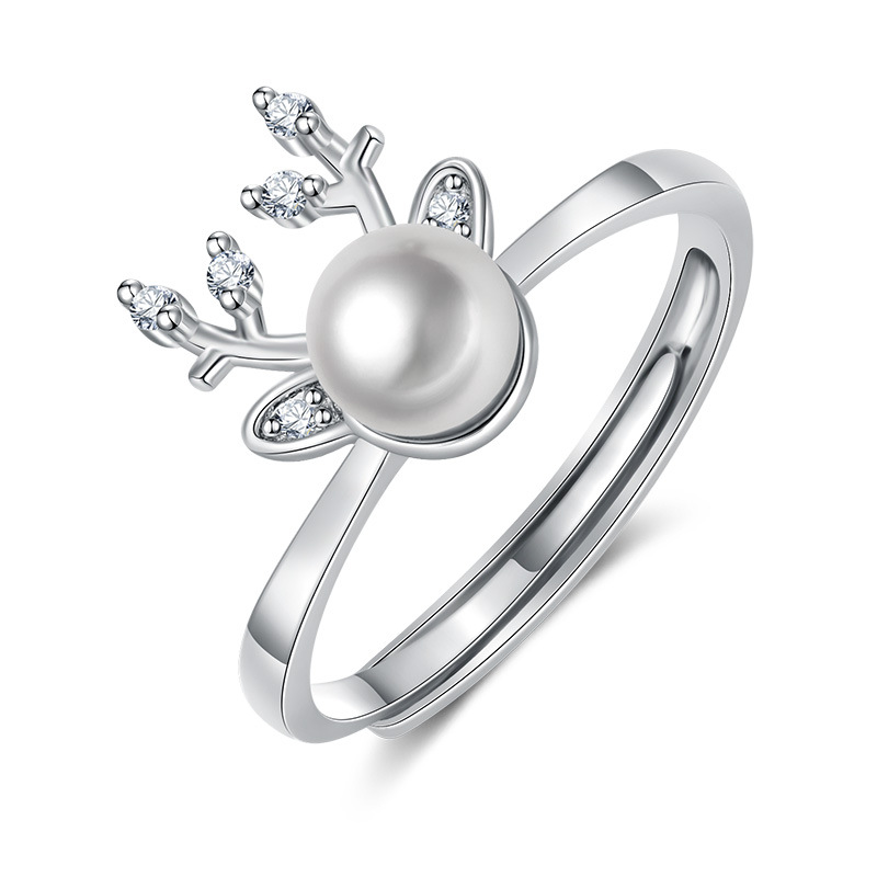 

Cute Elk Adjustable Rings Pave AAA Cubic Zirconia, 6MM Pearl Women Fashion Ring Jewelry Gift