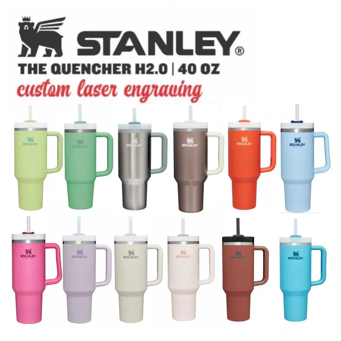 

With Stanley Logo New H2.0 40oz Stainless Steel Tumblers Cups With Silicone Handle Lid And Straw 2nd Generation Big Capacity Car Vacuum Insulated Water Bottles GJ0516, Multi-color