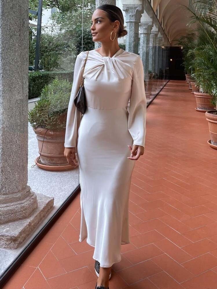 Basic Casual Dresses KLKXMYT TRAF Satin Long Dress Women Backless Maxi Dress Woman Autumn Knot Party Dresses for Women Long Sleeve Female Dress 2-image-868052389