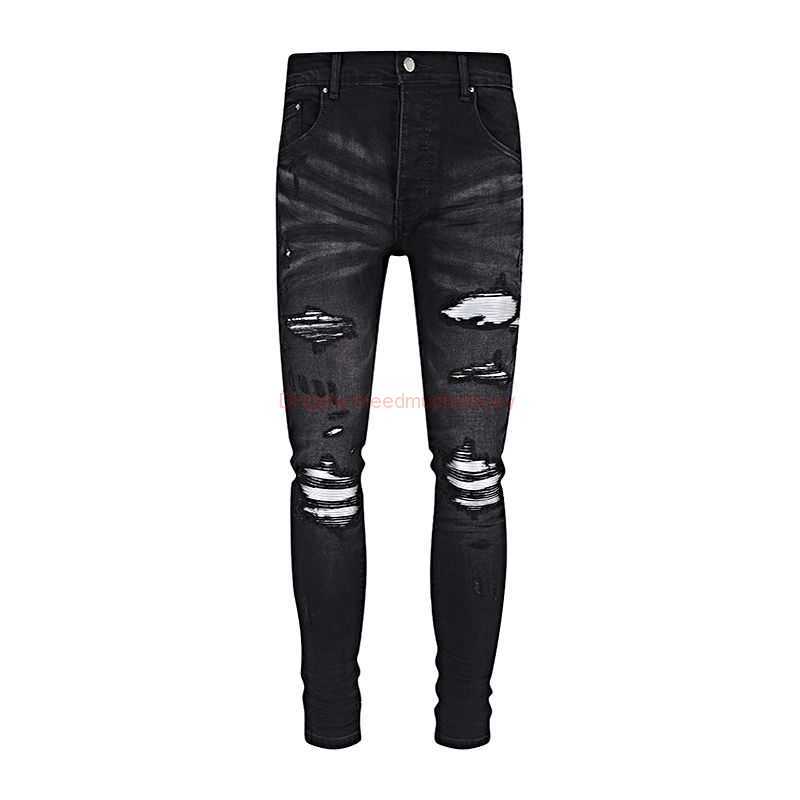 

Designer Clothing Amires Jeans Denim Pants 2023 High Street Fashion New Mens Broken Black Jeans with White Patched Patches Trendy Pants Amies 3033 Distressed Ripped