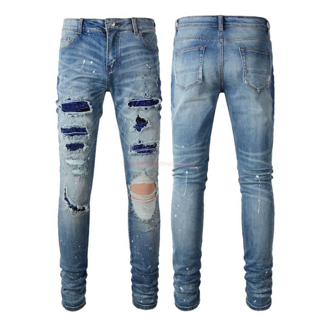 

Designer Clothing Amires Jeans Denim Pants Amies High Street Fashion Brand Blue Diamond Fashion Mens Broken Hole Patch Embedding Diamond Blue Jeans Elastic Slim Fit, 6563