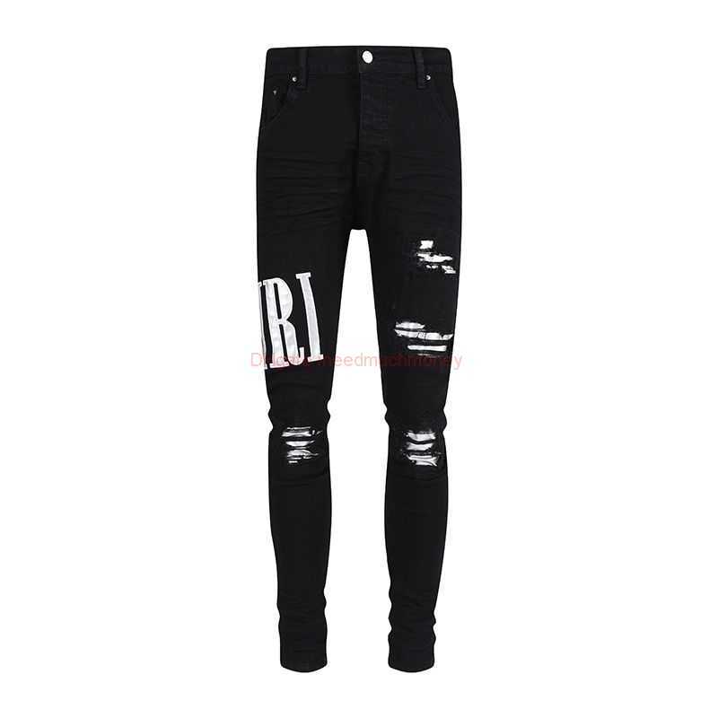 

Designer Clothing Amires Jeans Denim Pants New Amies High Street Fashion Trendy Mens Leather Black Jeans with Embroidered Letters Patched Patches Ca9514 Distresse