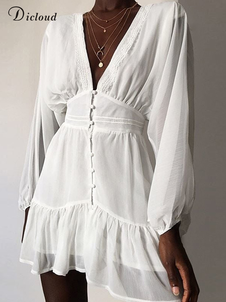 Robes décontractées basiques DICLOUD en mousseline de soie robes d'été pour les femmes col en V blanc dentelle patchwork à manches longues robe d
