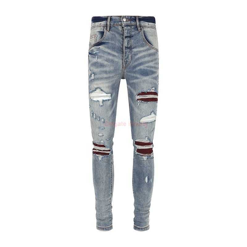 

Designer Clothing Amires Jeans Denim Pants 2023 New Amies High Street Fashion Trendy Mens Jeans with Broken Holes Pleated Patches Blue Distressed Long Pants Ca1068 D