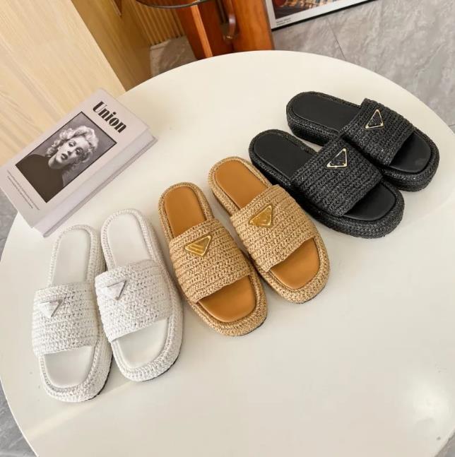 

Designer Slippers Triangle Buckle Raffia Straw Espadrilles Women Thick bottom Sandals Slip On Mules Slides lady Platform Wedges Square Toe Flip Flops Pool Slides, Black