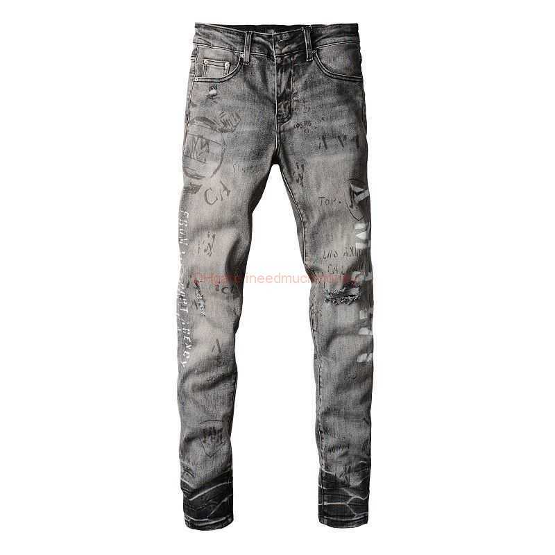 

Designer Clothing Amires Jeans Denim Pants 879 High Street Amies Knee Hole Made Old Graffiti Letter Print Small Foot Smoke Grey Jeans Mens Fashion Sign Distressed Rip