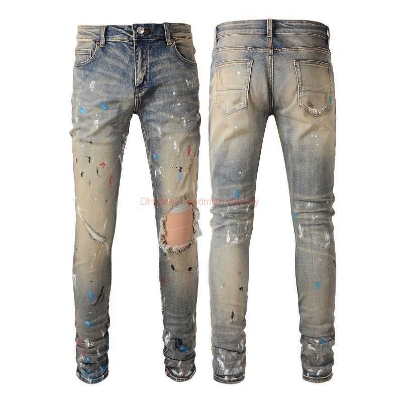

Designer Clothing Amires Jeans Denim Pants Amies High Street Ripped Jeans Mens Speckled Ink Graffiti Jeans Youth Slim Fit Perforated Small Leggings 6556 Distressed