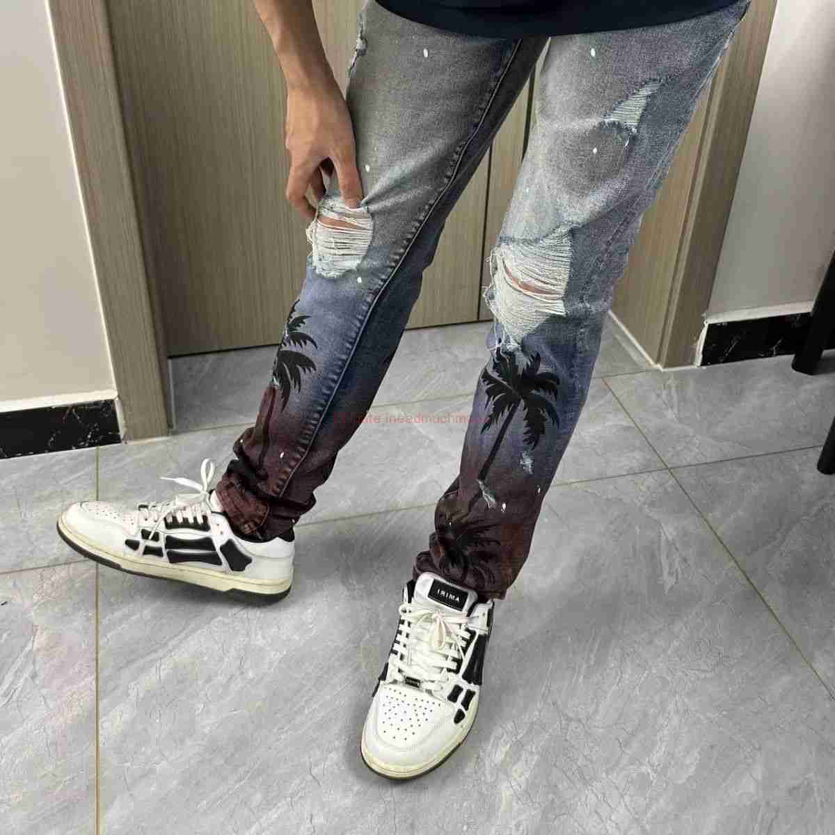

Designer Clothing Amires Jeans Denim Pants Amies High Street Fashion Mens Splash Ink Graffiti Tear Hole Jeans Coconut Tree Paint Gradual Slim Fit Short Leggings Mens, 6597