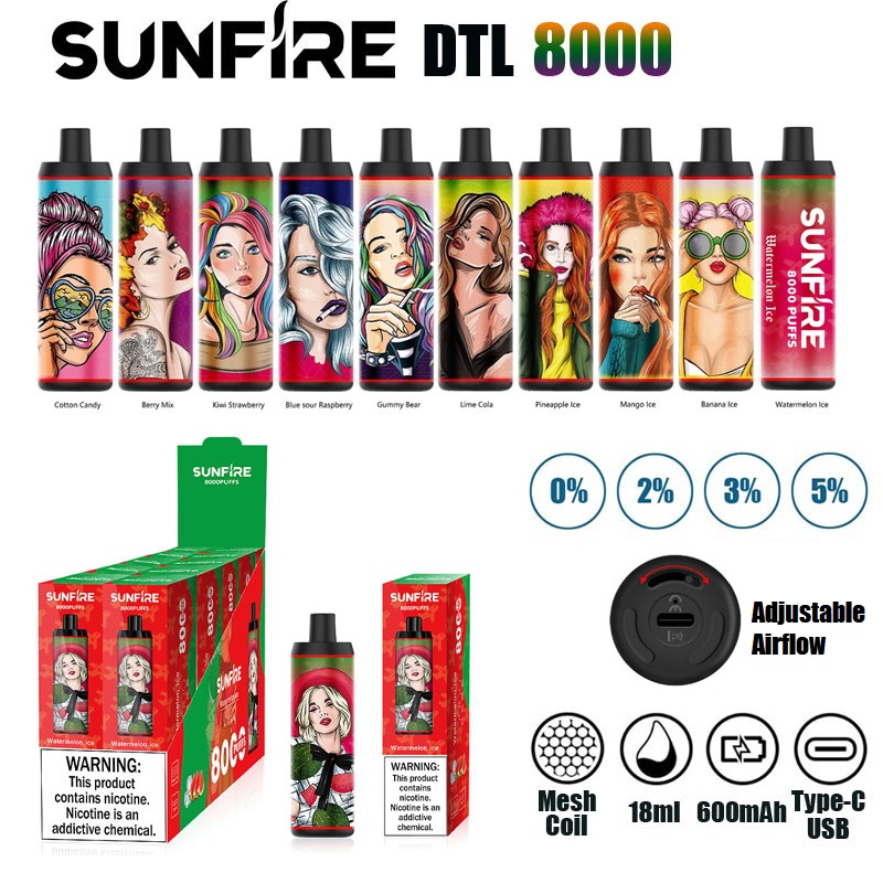

Authentic Sunfire 8000 Puffs DTL Disposable Vape 18ml Prefilled 600mAh USB Recharge Adjustable Airflow Electronic Cigarette Device 20mg 30mg 50mg by Aierbota