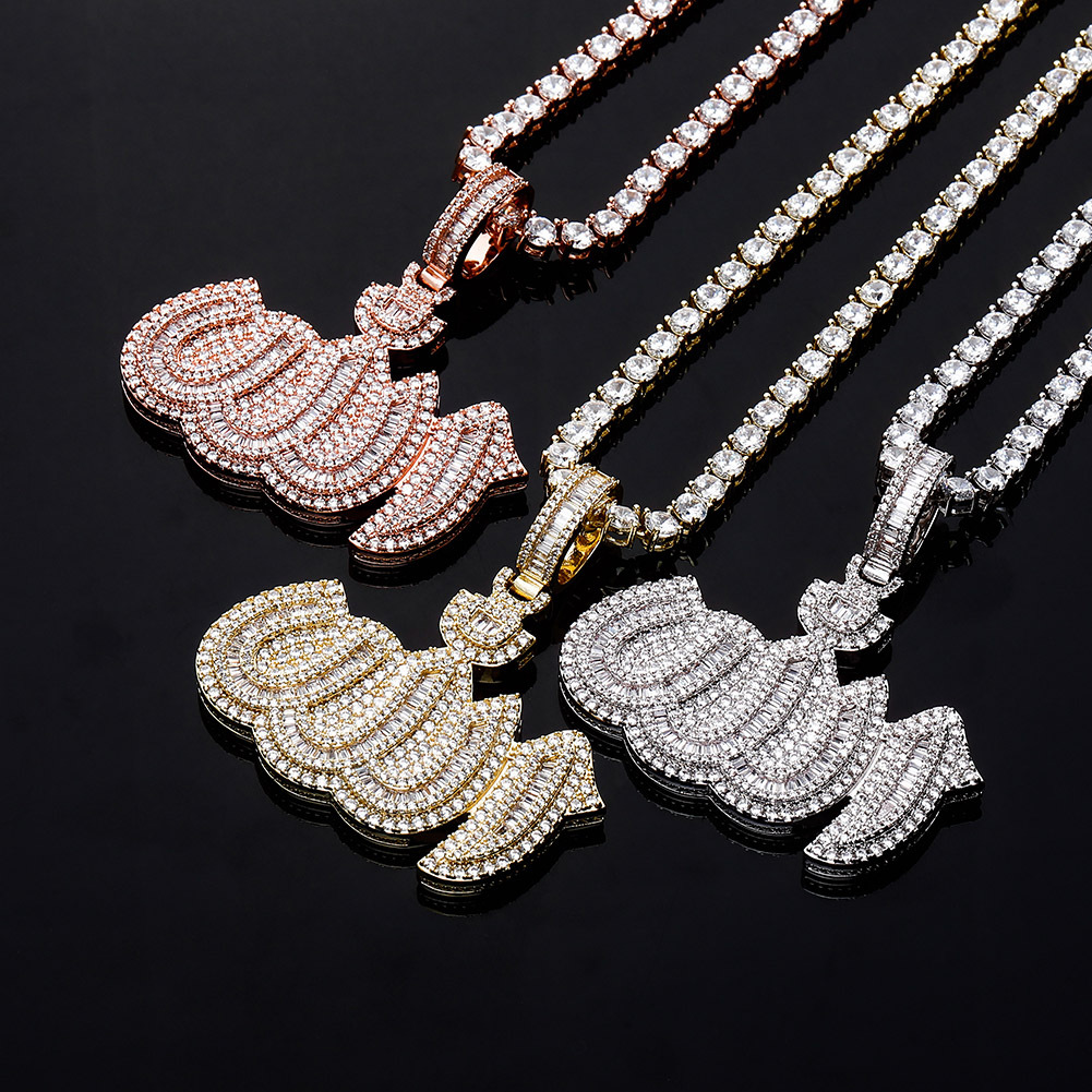 

Hip Hop Wave Rise Pendant Necklace Full Zircon 14K Real Gold Plated Jewelry