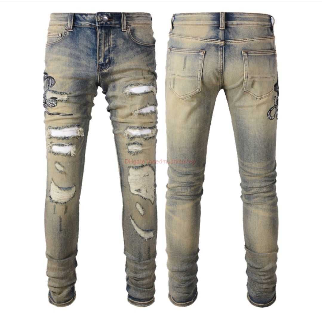 

Designer Clothing Amires Jeans Denim Pants Amies High Street Fashion Brand Mens Worn Snake Embroidered Jeans with Broken Holes Nostalgic Scratched Denim Feet Pants, 6611