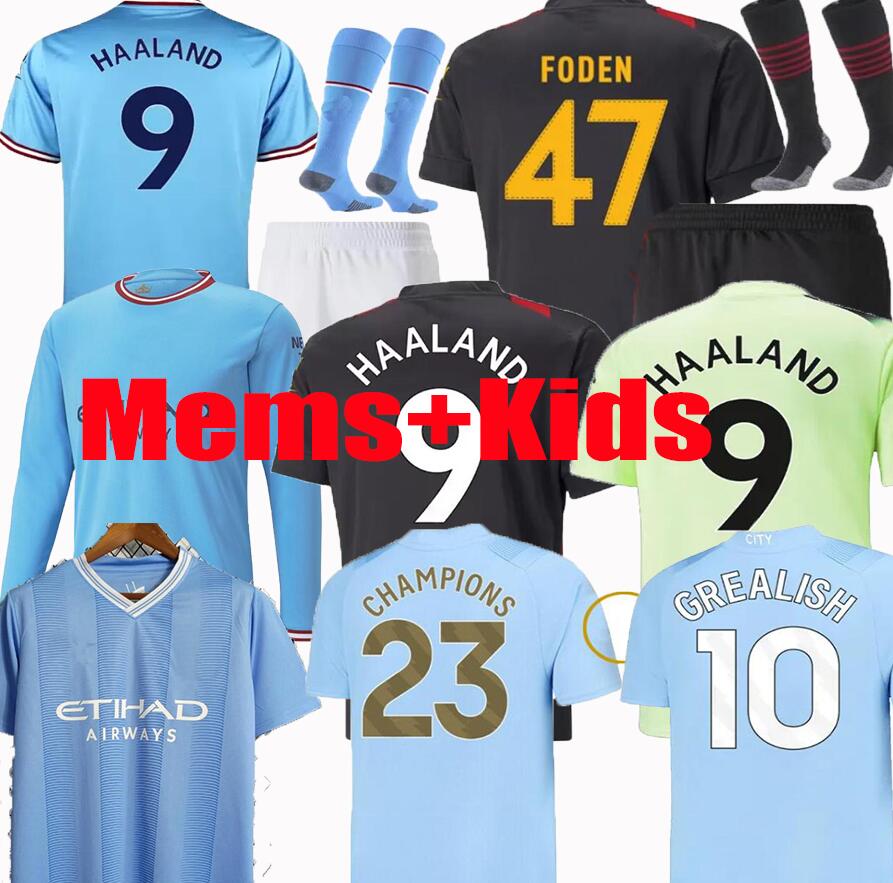 

22 23 24 Best Quality HAALAND SOCCER JERSEYS GREALISH STERLING MANS city* MAHREZ fans player version DE BRUYNE FODEN 2023 2024 football tops shirts kids kit sets, 22 23 home long