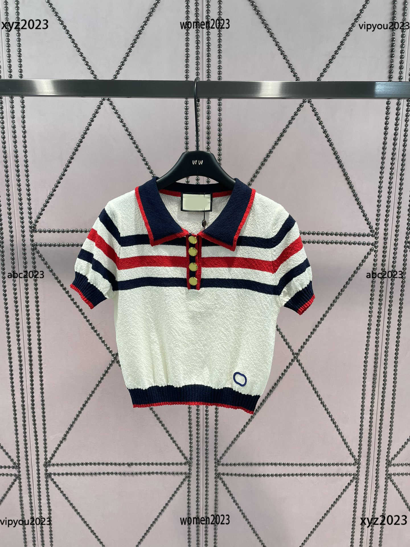 

designer Women Knits T Shirts only one average size Gold button decoration lapel Tees Contrast stripe design polo new arrival May21, #1