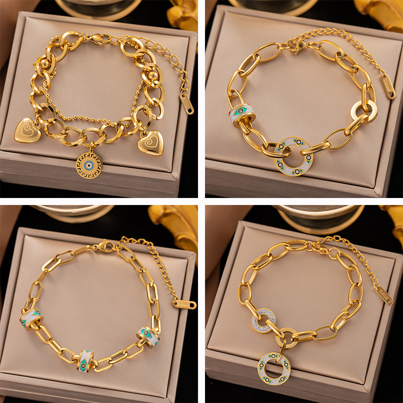 INS Style Enamel Evil Eye Charm Bracelet 18K Gold Stainless Steel Jewelry-image-868142814