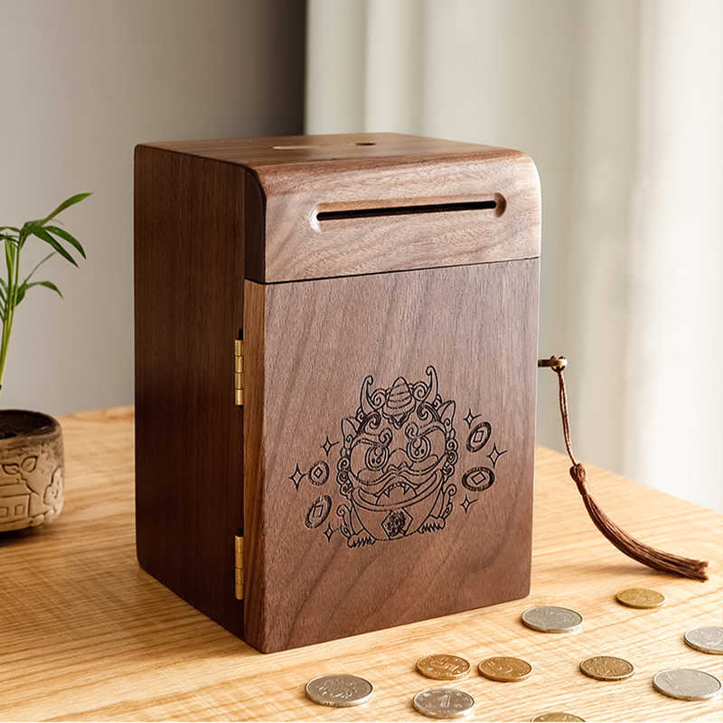 Decorative Objects Figurines Piggy Banks for Adults Solid Wood Money Bank Walnut Handmade Money Saving Box with Lock Wooden Safe Coin Jar Home De-image-868229952