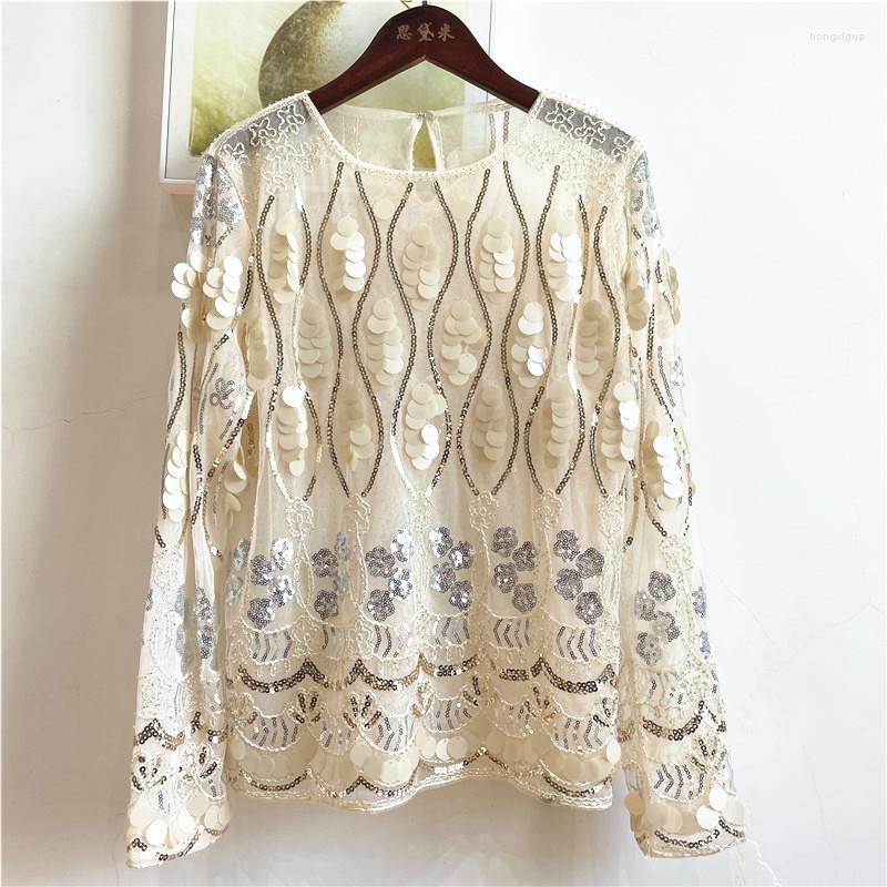 

Women's T Shirts Heavy Industry Pearl Beads Black Beige Pink T-shirt 929 Embroidered Flower Round Sequins Long Sleeve Women Vintage