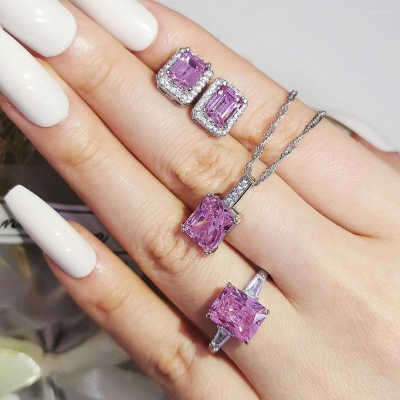 

Necklace Earrings Set 3pcs Pack Silver Color Bride Cushion Zircon Jewelry For Wedding African Bridal Wholesale Party Gift Women J7252, Picture shown