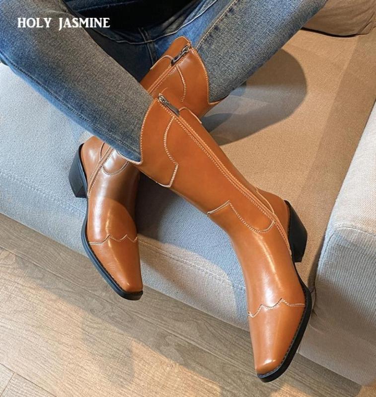 

Boots 2021 Western Black Leather MidCalf For Women Square Toe Winter Long Chunky Heels Cowboy Knight1677162