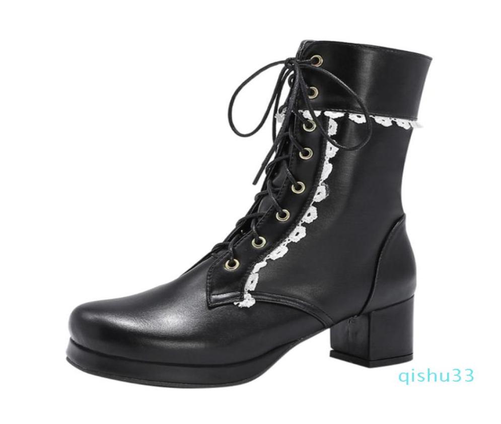 

Whole Boots Sagace Shoes Winter Women Square Head Front Lacing Goth Heels Ankle Leather9427250, Black