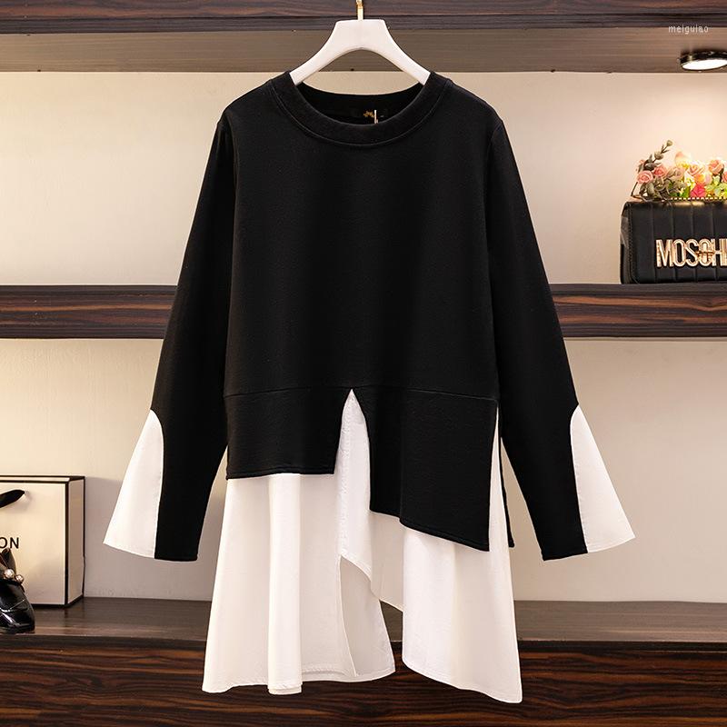 

Women's T Shirts 150Kg Large Size Women's Loose Spring Autumn Contrast Color Stitching Long Sleeve Irregular T-Shirt 5XL 6XL 7XL 8XL 9XL, Black
