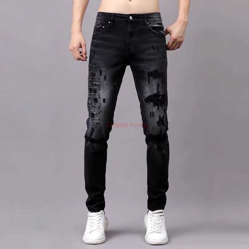 

Designer Clothing Amires Jeans Denim Pants Fashionable Trendy Casual Mens Clothing Amies Torn Patch Jeans with Elastic Slim Fit Slimming Small Leg Pants Distressed, Black