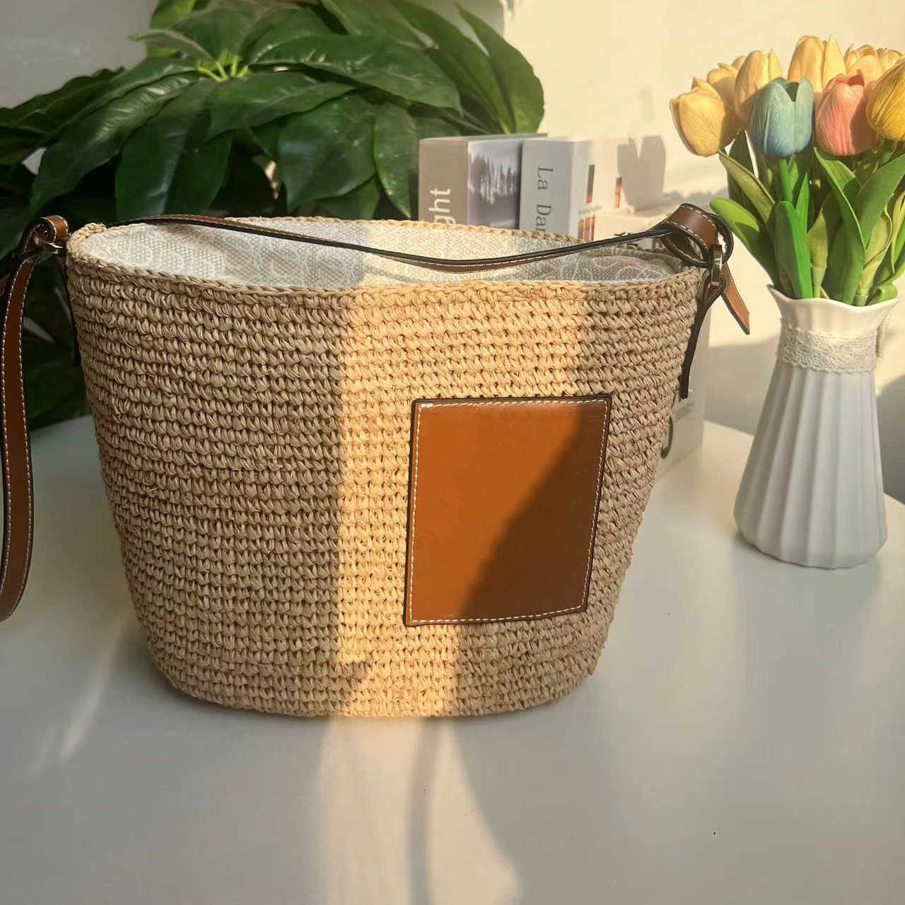 

Straw Woven handBag Spring/summer Women's designer Bag Lafite Grass Woven Bucket Vegetable Basket Bag Handbag 230420/0524, Paper embryo--with logo--12.5*19cm