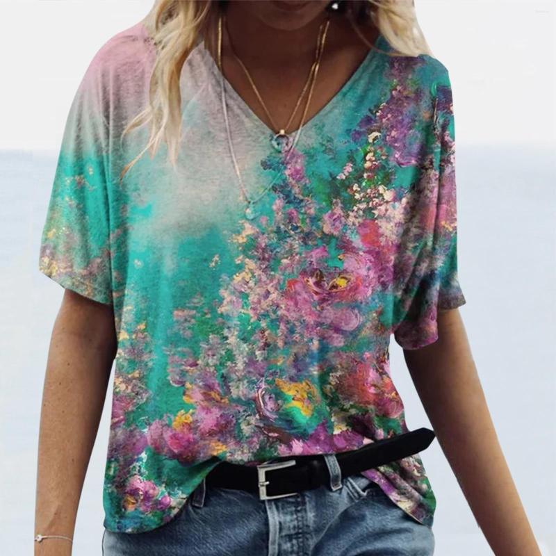 

Women' T Shirts 2023 Summer Women' Floral Print Shirt Abstract Painting V Neck Short-Sleeved Tops Vintage Fashion Loose Tee Femme