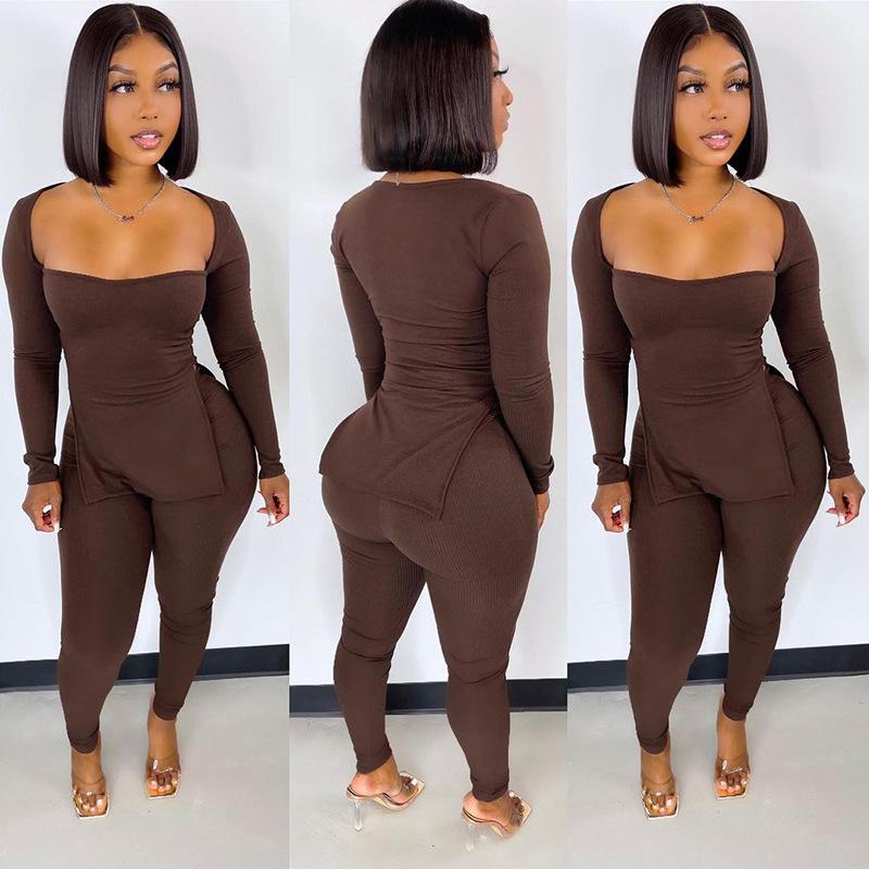 

Women' Two Piece Pants Europe And The United States Winter Waist Slit Long Sleeve T-shirt Casual Tight Trouser Set, Black