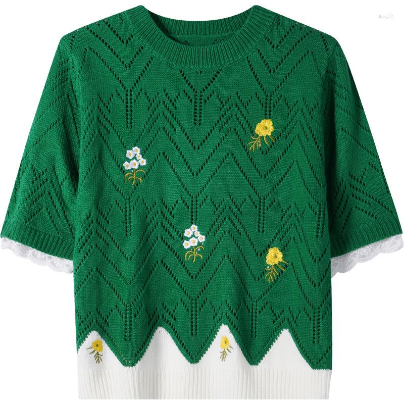 

Women's T Shirts Spring Summer Hollow Out Patchwork Knitted Short Sleeve O-neck Fashion Chic Sweet Jumpers Women Shirt, Green