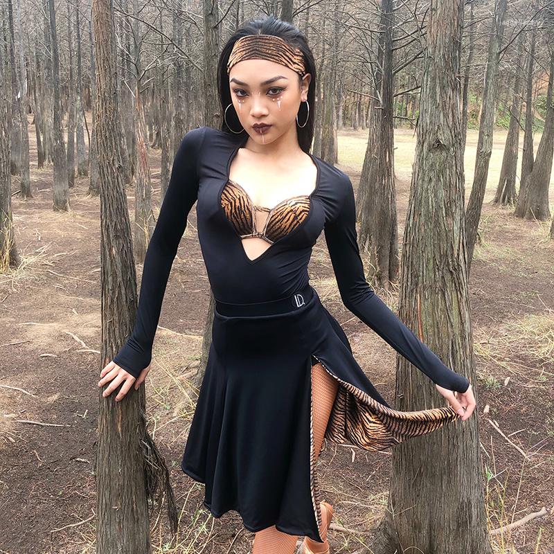 

Stage Wear Latin Dance Performance Costumes Sexy Long Sleeve Tops Slit Skirt Suit Rumba Cha-Cha Samba Competition Clothes, Top
