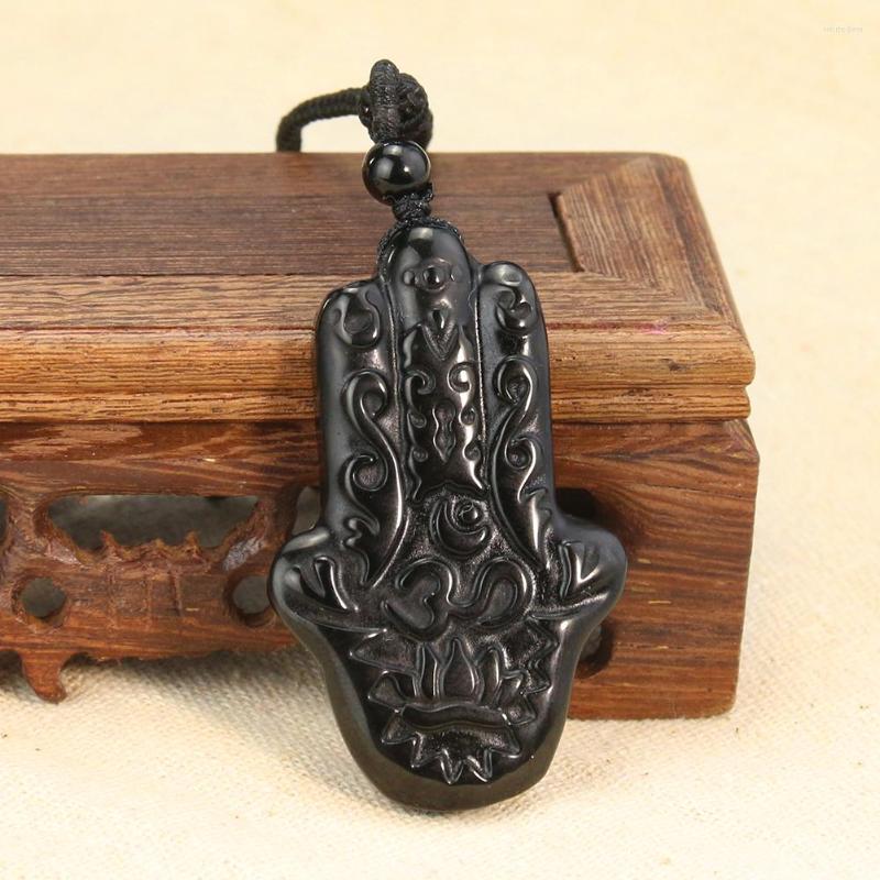

Pendant Necklaces Fashion Natural Obsidian Fatimid Hand Shaped Necklace For Men Women Lucky Auspicious Amulet Party Jewelry Festival Gift