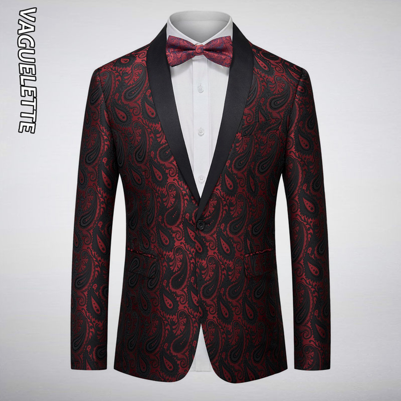 

VAGUELETTE Men's Paisley Tuxedo Jacket Stylish Jacquard Suit Blazer Coat for Wedding Prom Dinner Party Blazer Costume Homme, Red