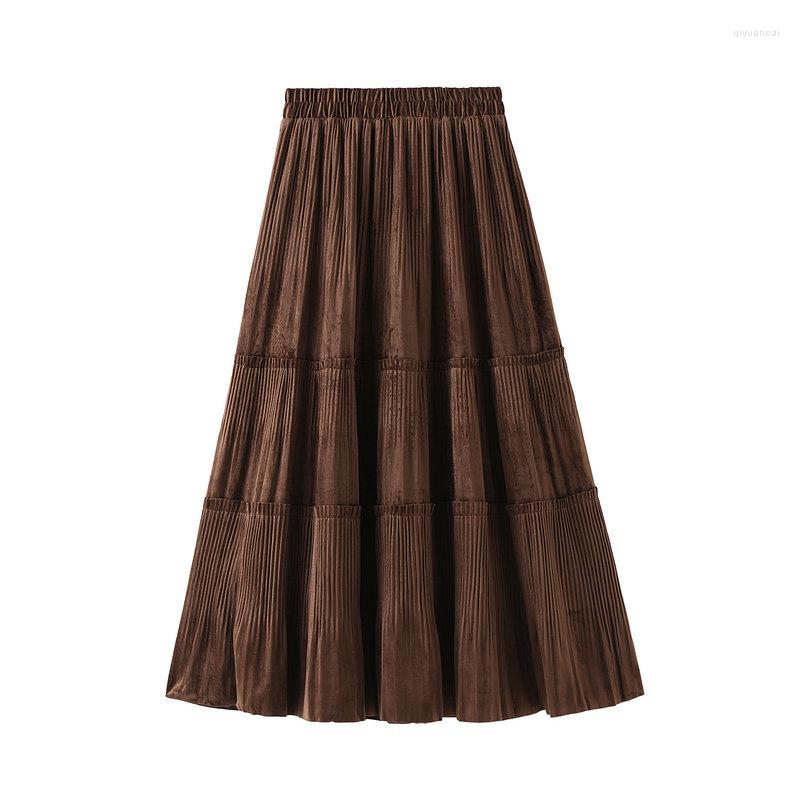 

Skirts Autumn Winter Solid Color Female Vintage Long Velvet Pleated Skirt Women Girls Elegant Fashion Ladies High Waist A Line, Khaki