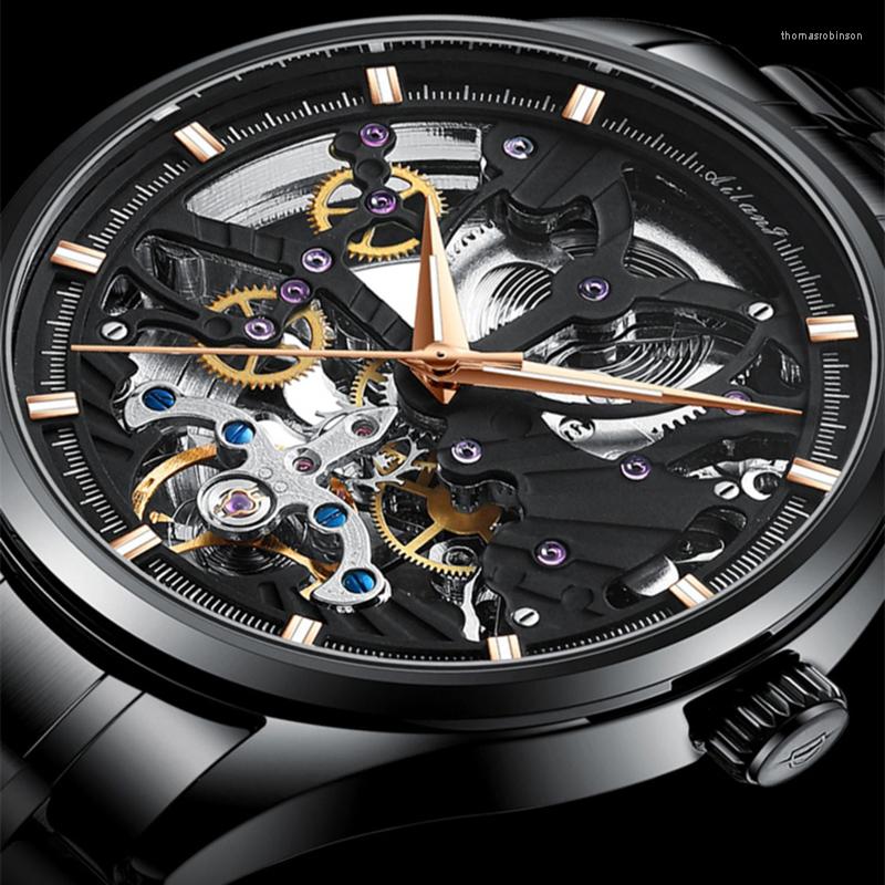 

Wristwatches AILANG Brand Mechanical Watch Men Waterproof Luminous Steel Automatic Watches Stainless Skeleton Tourbillon Wristwatch, Black