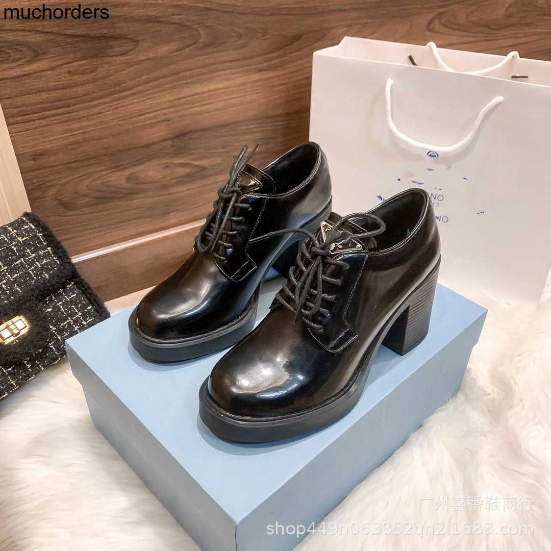 

High heeled shoes P family thick heeled Lefu shoes 2023 early spring fashion style original standard lace up triangular high rise women's shoes, Black tie