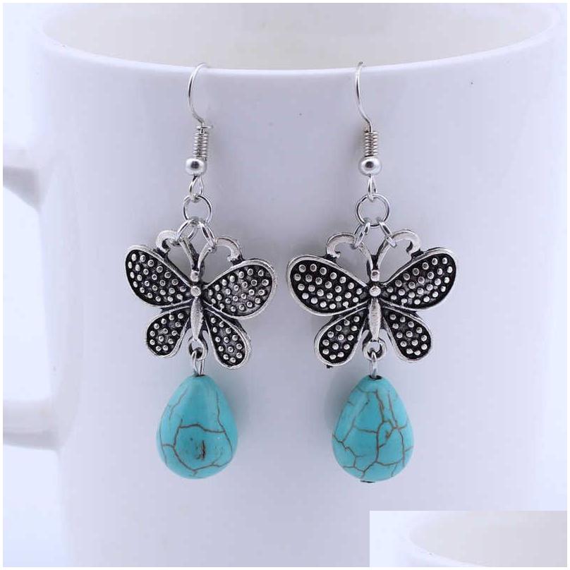 

Charm Womens Butterfly Drops Tibetan Sier Turquoise Earrings Gstqe023 Fashion Gift National Style Women Diy Earring Drop Delivery Jew Dhx1J
