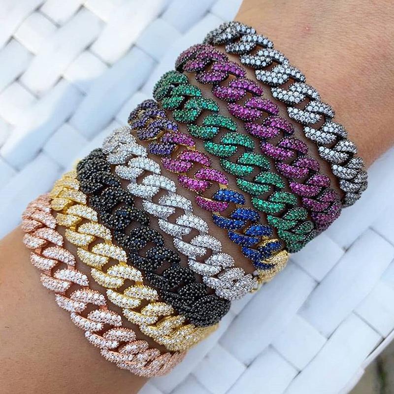 

Bangle New Bling Iced Out CZ Cuban Miami Link Chain Bracelets Gold Color Black Blue Green Zircon Bracelet Hip Hop Women Jewelry